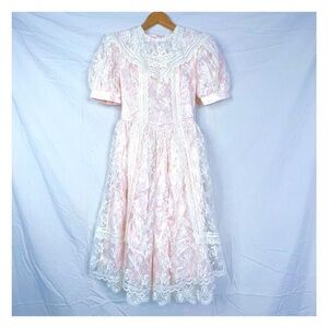 Jessica McClintock Pink & White Lace Maxi Cottagecore Dress Girls Sz 10